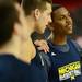 Michigan freshman Mitch McGary and freshman Glenn Robinson III chat during an open practice at the Georgia Dome in Atlanta on Friday, April 5, 2015. Melanie Maxwell I AnnArbor.com